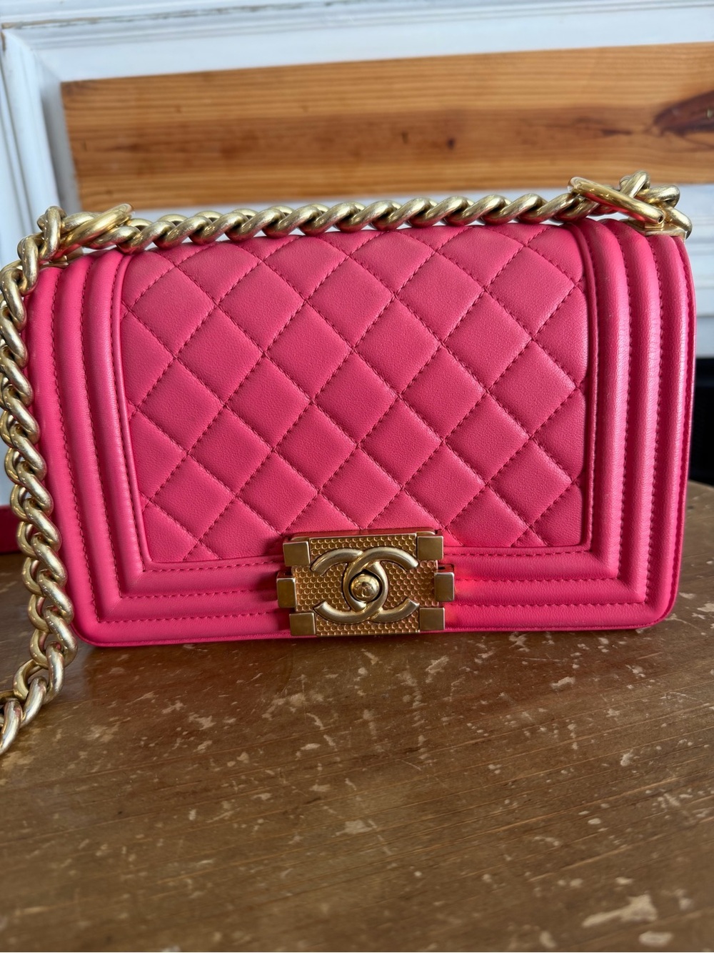 CHANEL Hot Pink Quilted Lambskin Small Boy bag Crossbody with Gold Hardware - Picture 2 of 16